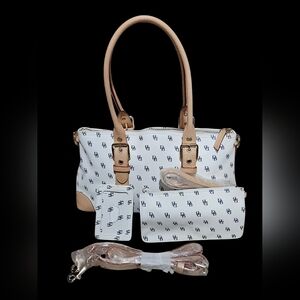 Dooney & Bourke White and Tan Satchel with Accessories